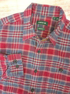 Orvis Mens Classic Fit Red Plaid Button-up Shirt Large